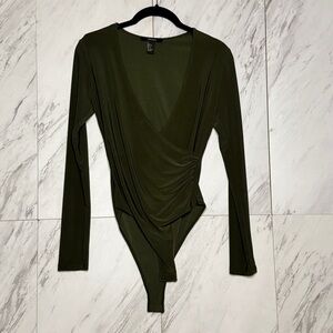 Forever 21 Plunge Wrap Stretch Olive Bodysuit SZ S
